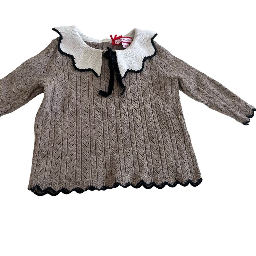Melange Girls Cable Knit Sweater Ruffle Collar Brown Cream Cottagecore 12-18M